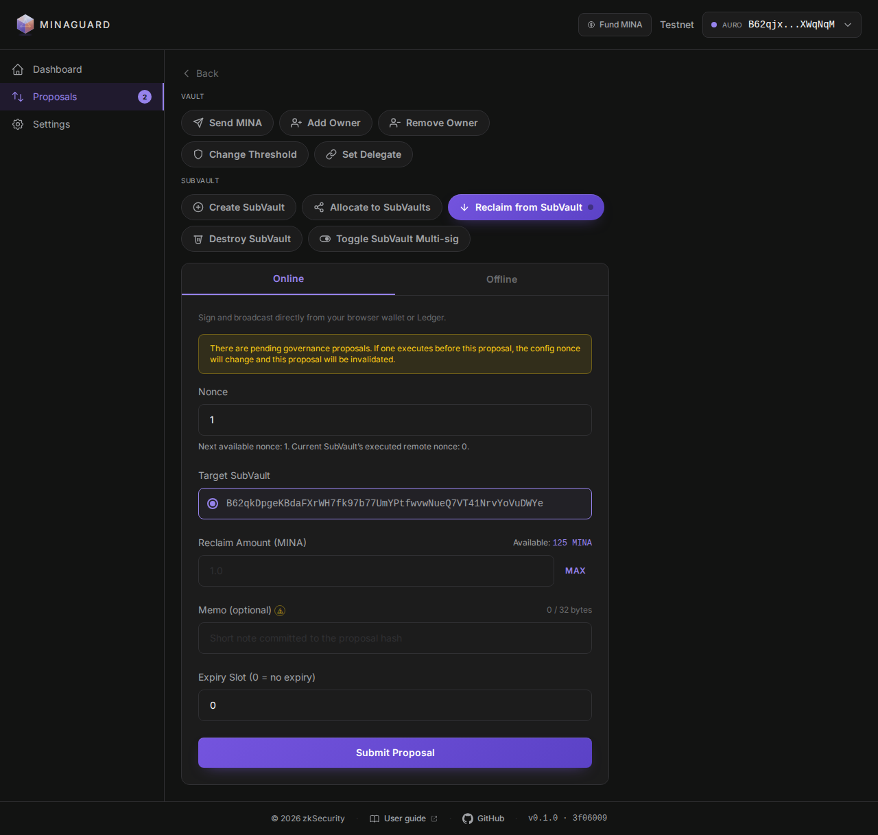 Reclaim from SubVault form