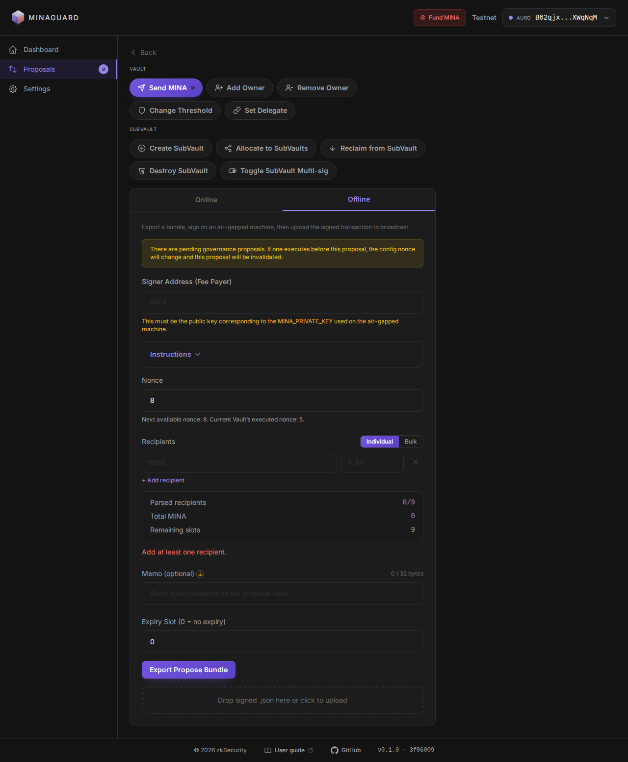 The Offline signing tab